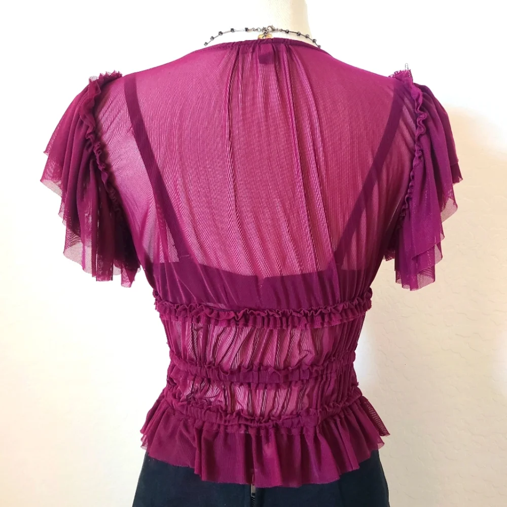 💜2 for 25$ Purple/Maroon Sheer Crop Top Blouse With Ruffles NWT,  Boho, Bold - Picture 6 of 7
